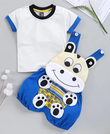 Jb Club Half Sleeves Tee With Cow Patch Dungaree - Royal Blue