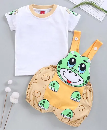 Jb Club Half Sleeves Tee With Turtle Patch Dungaree - Beige