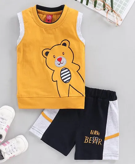 Jb Club Sleeveless Bear Applique Tee With Shorts - Yellow