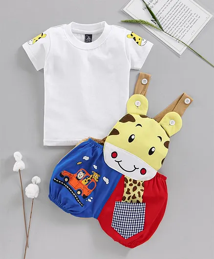 Jb Club Half Sleeves Tee With Giraffe Patch Dungaree - Red