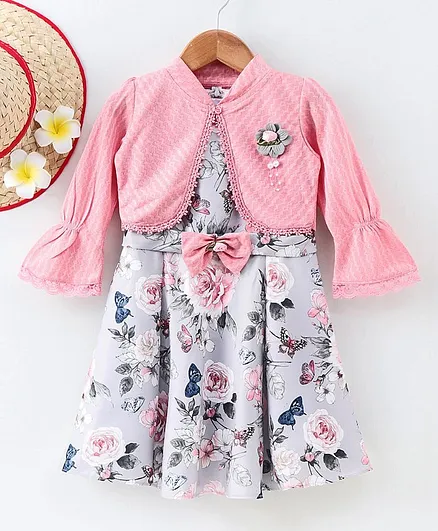 Enfance Core Sleeveless Flower Printed Dress With Bell Sleeves Shrug - Grey