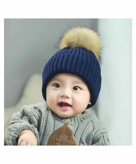 Ziory Woolen Beanie Cap with Pom Pom Blue - Diameter 52 cm