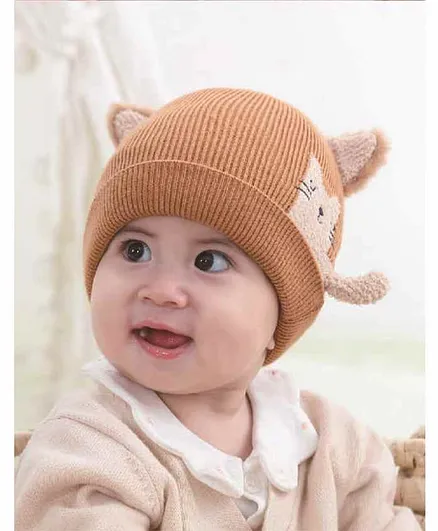 Ziory Knitted Cat Design Beanie Cap Brown - Diameter 48 cm