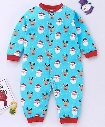 Babyhug Cotton Half Sleeves Romper Santa Print - Blue