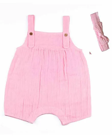 Haus & Kinder Crinkled Muslin Dungaree with Headband - Pink