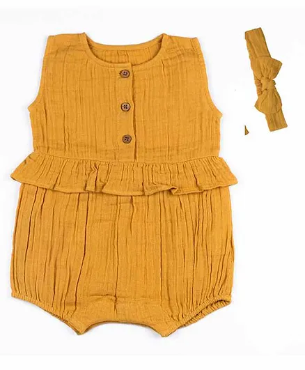 Haus & Kinder Crinkled Muslin Sleeveless Romper with Headband - Mustard