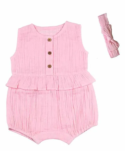 Haus & Kinder Crinkled Muslin Sleeveless Romper with Headband - Pink