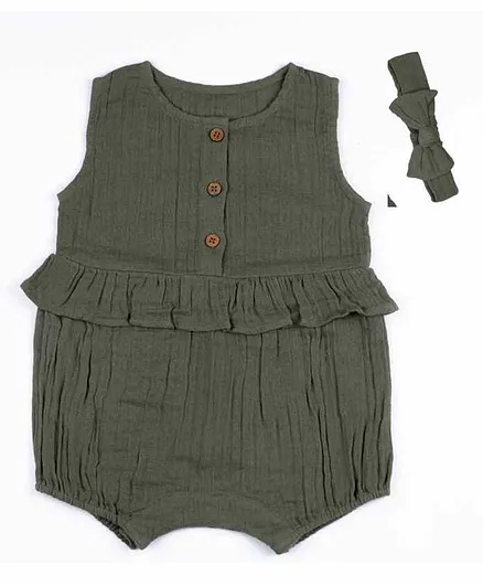 Haus & Kinder Crinkled Muslin Sleeveless Romper with Headband - Olive