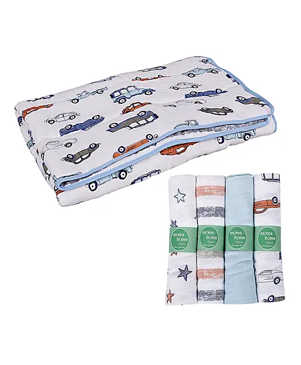 Mom's Home Organic Cotton Muslin Car Print Quilt and 4 Muslin Swaddles - Multicolour