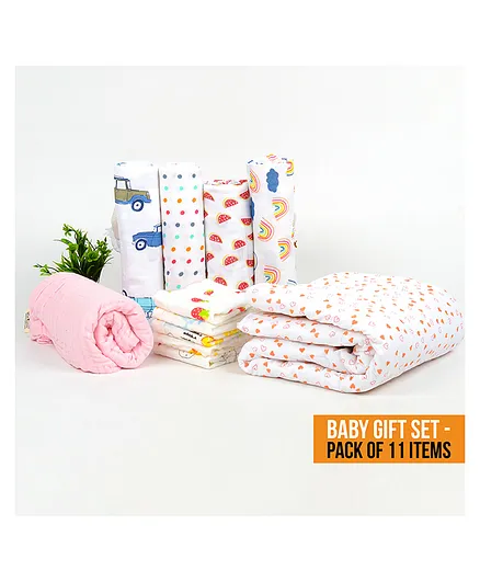 Mom's Home Muslin Essentials Gift Set of 11 Items - Multicolour