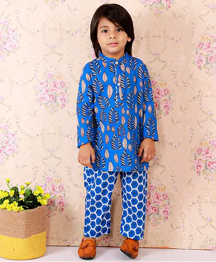 M'andy Full Sleeves Leaves Printed Kurta With Pajama - Blue