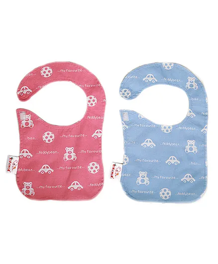 Enfance Nursery Bibs Teddy And Car Print Pack of 2 - Pink Blue