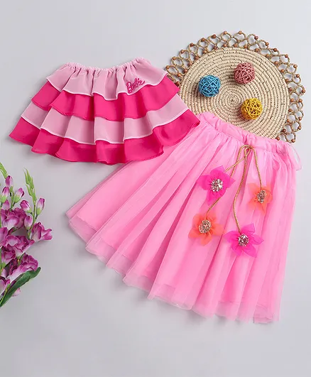 Barbie by Many Frocks & Sleeveless Solid Colour Layered Off Shoulder Top With Skirt - Light Pink
