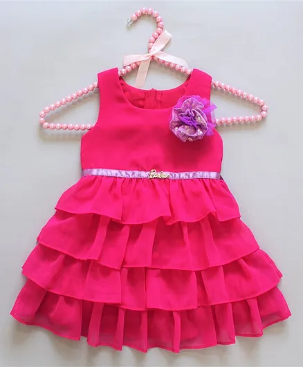 Barbie by Many Frocks & Sleeveless Solid Colour Layered Dress - Pink