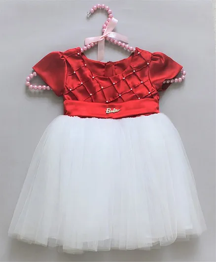 Barbie by Many Frocks & Cap Sleeves Pearl Detailing Flared Dress - Red