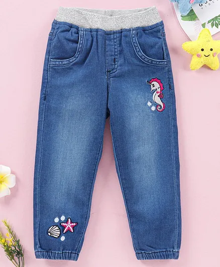 Babyhug Full Length Washed Stretch Denim Jogger with Sea Horse Embroidery -Blue