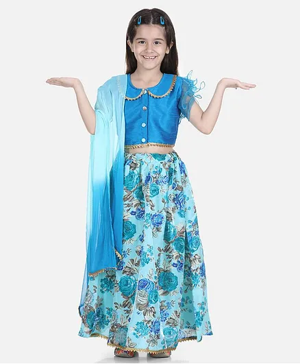 Bownbee Ruffle Short Sleeves Choli With Rose Printed Lehenga & Dupatta - Blue