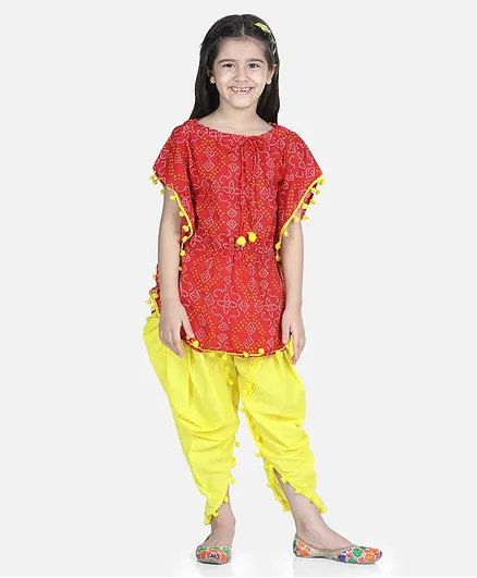 Bownbee Half Sleeves Bandhani Print Kaftan Kurta & Dhoti Set - Red