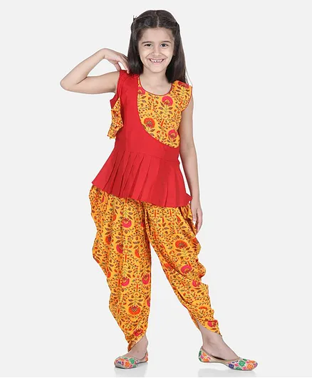 Bownbee Sleeveless Pleated Top With Floral Print Dhoti - Yellow