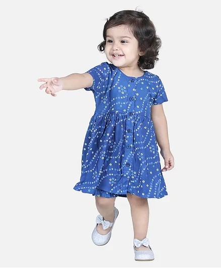 Bownbee Short Sleeves Bandhani Jhabla With Bloomer - Blue