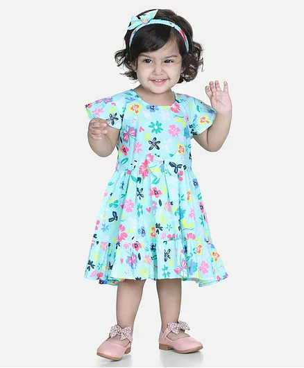 Bownbee Short Sleeves Flower Print Dress With Headband & Bloomer - Green