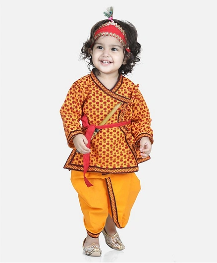 BownBee Full Sleeves Motif Print Kurta With Dhoti & Band With Basuri & Mukut - Yellow