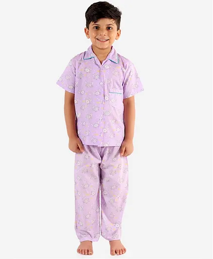KID1 Half Sleeves Crab Print Night Suit - Purple