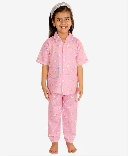 KID1 Half Sleeves Crab Print Night Suit - Pink