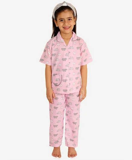 KID1 Half Sleeves Sheep Print Night Suit - Pink