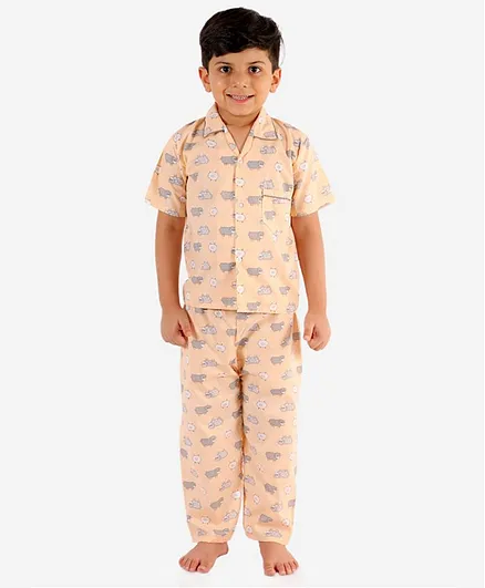KID1 Half Sleeves Sheep Print Night Suit - Peach