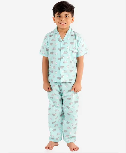 KID1 Half Sleeves Sheep Print Night Suit - Mint Green