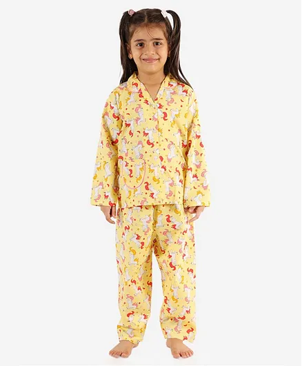 KID1 Full Sleeves Unicorn Print Girls Night Suit - Yellow