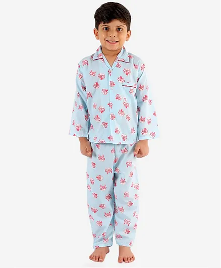 KID1 Full Sleeves Cat In A Hat Print Night Suit - Blue
