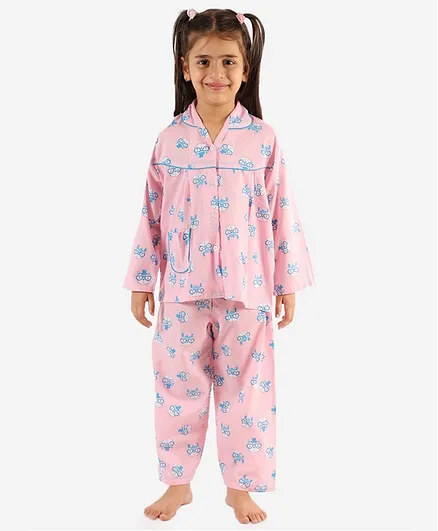 KID1 Full Sleeves Cat In A Hat Print Night Suit - Pink