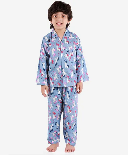 KID1 Full Sleeves Unicorn Print Boys Night Suit - Blue