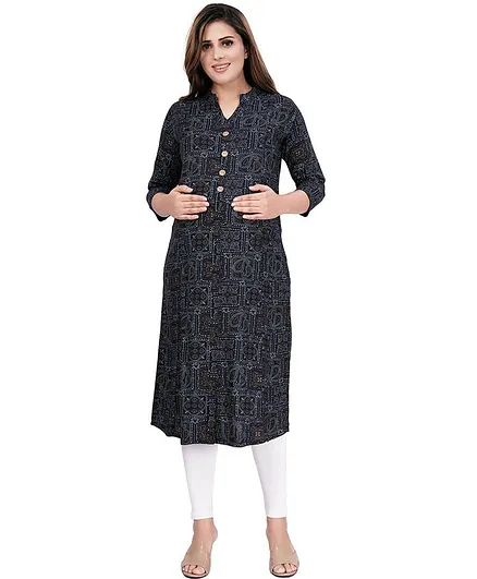 Mamma's Maternity Three Fourth Sleeves Rayon Printed Feeding Kurti - Navy Blue