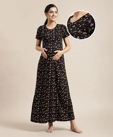 Bella Mama Half Sleeves Nursing Nighty Floral Print - Black