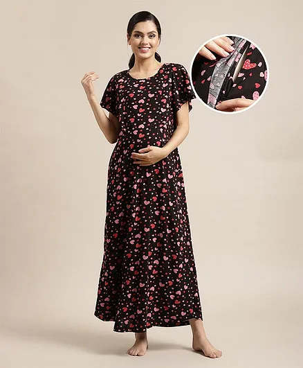 Bella Mama Flare Sleeves Heart Printed Nursing Nighty - Black
