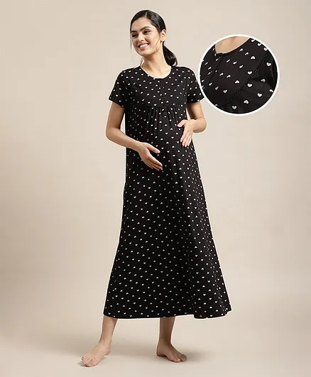Bella Mama Half Sleeves Bow Printed Nursing Nighty - Black