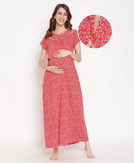 Bella Mama Half Sleeves Nursing Floral Print Nighty - Red