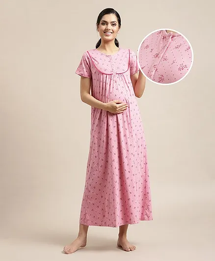 Bella Mama Half Sleeves Floral Printed Nursing Nighty - Pink
