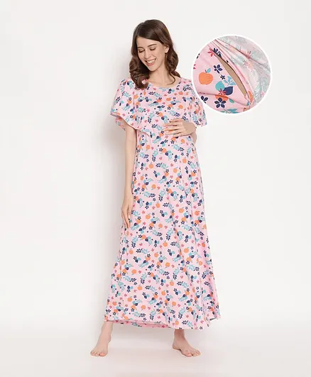 Bella Mama Flared Sleeves Maternity Nighty Fruit Print - Pink
