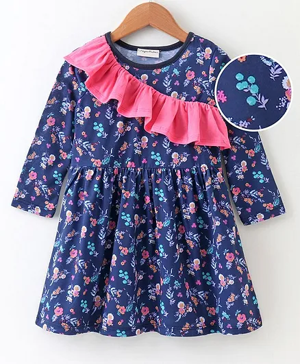 CrayonFlakes Flower Print Full Sleeves Dress - Blue