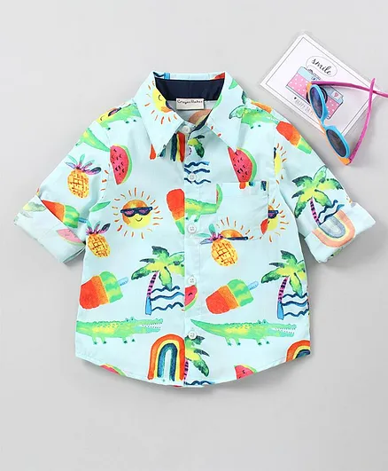 CrayonFlakes Full Sleeves Rainbow Printed Shirt - Light Blue