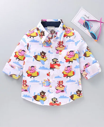 CrayonFlakes Full Sleeves Planes And Animals Print Shirt - White