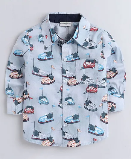 CrayonFlakes Full Sleeves Cars Printed Shirt - Blue
