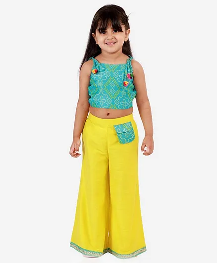 Lil Peacock Sleeveless Bandhani Print Crop Top With Palazzo - Blue & Yellow