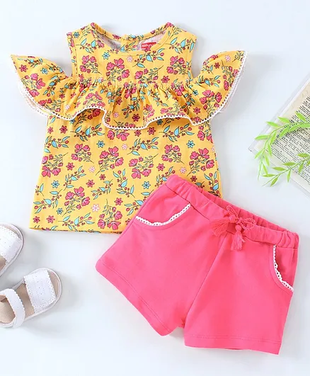 Babyhug Cold Shoulder Top & Shorts Floral Print - Yellow Pink