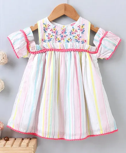 Babyhug Half Sleeves Off Shoulder Pom Pom Lace Border Yarn Dyed Frock Floral Embroidery - Pink