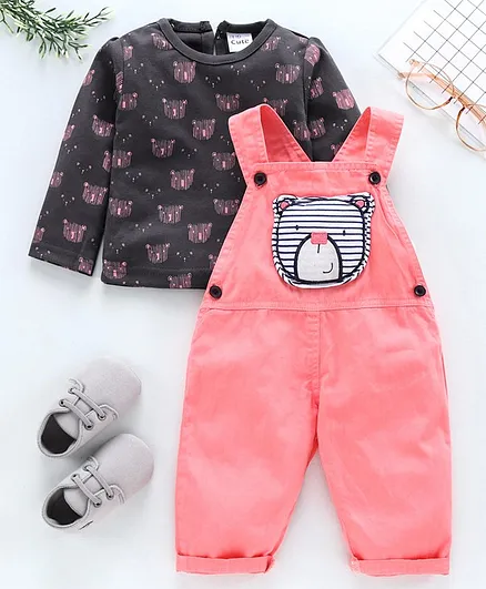 U R Cute Full Sleeves Teddy Print Tee With Dungaree - Peach